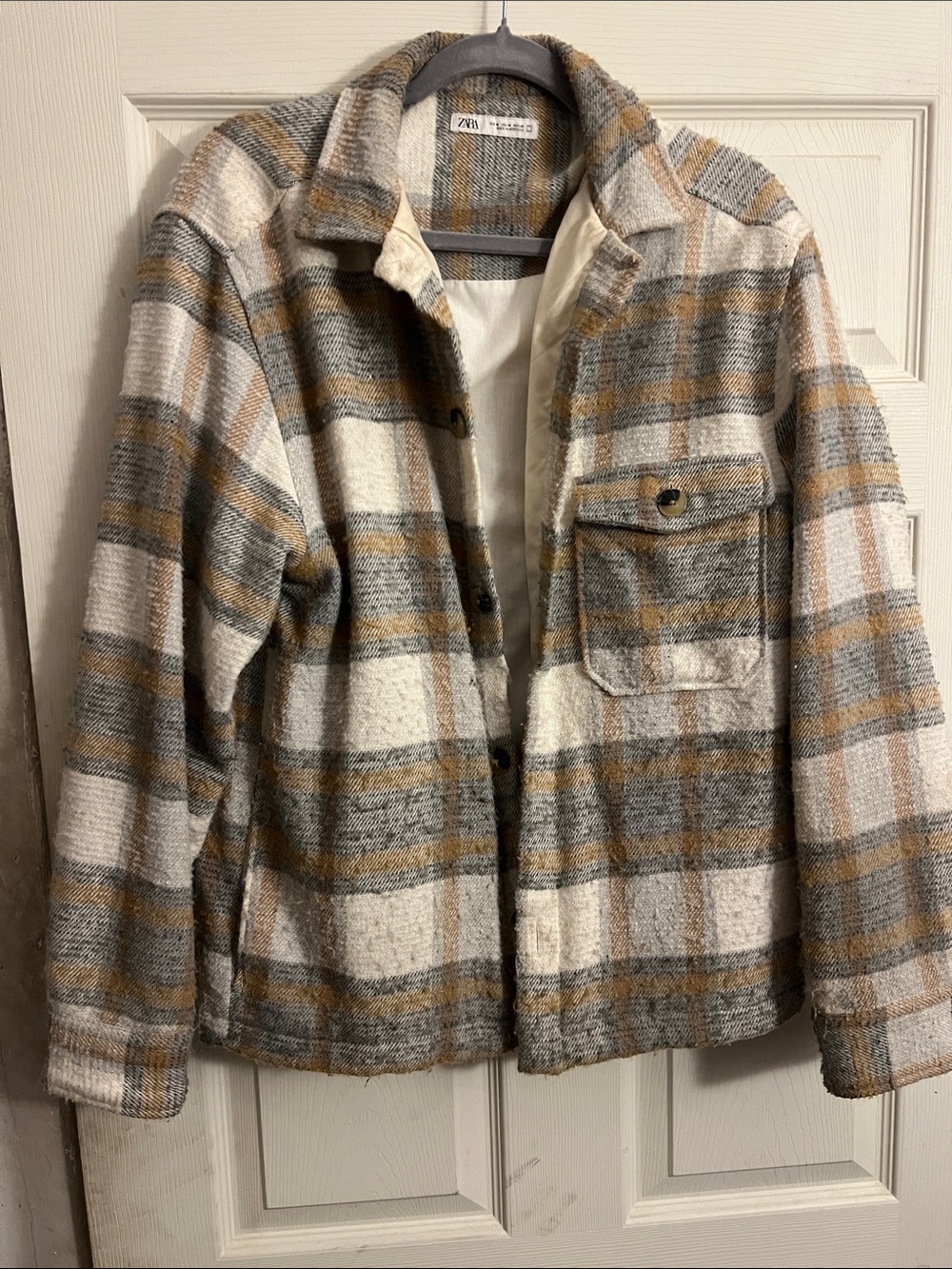 ZARA Plaid Lightweight Shacket in Cream, Gray & Brown